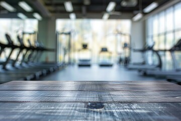 Wall Mural - Blurred wooden table view of a modern gym or fitness center in the background. There is a clear focus on the wooden table or counter in the foreground. The wood surface looks rustic