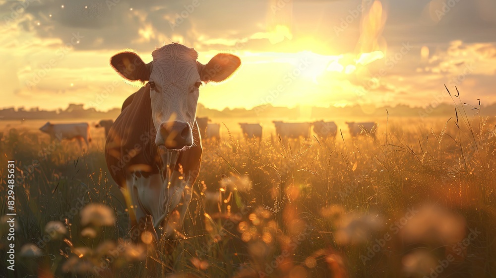 Cows herd on a grass field during the summer at sunset. A cow is ...
