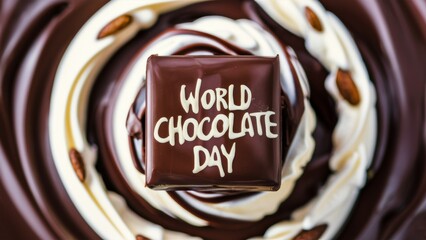 Poster - A close up of a chocolate cake with the words world chocolate day, AI