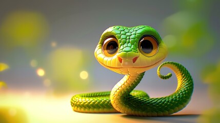 Wall Mural - Beautiful cartoon friendly snake with colorful scales on an abstract background with bokeh and highlights