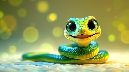 Wall Mural - Beautiful cartoon friendly snake with colorful scales on an abstract background with bokeh and highlights