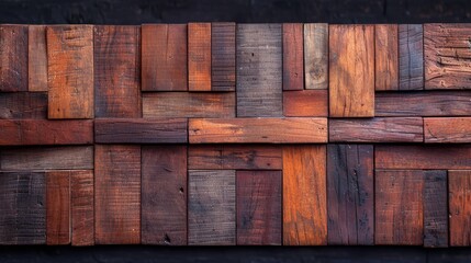 Wall Mural -  A tight shot of a wooden wall, comprised of planks, with a black brick wall at both distances