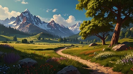Wall Mural - shows a beautiful mountain landscape with a lake in front