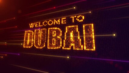 Wall Mural - Abstract Futuristic Motion Orange Purple Shiny Perspective Square Hud Mosaic Grid Of Welcome to Dubai Digital Display Text Reveal With Dotted Lines Light Flare, Seamless Loop