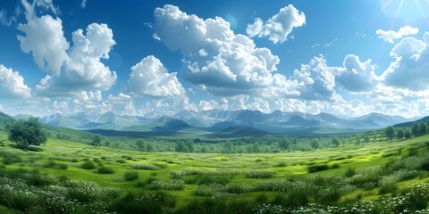 Wall Mural - Beautiful green landscape with mountains in the distance