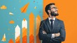 © LittleDreamStocks - Smiling businessman with arms crossed looking up at rising graph and paper airplane.