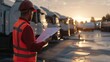 © pprothien - Worker in safety vest and helmet inspecting documents near parked trucks at sunrise, logistics and transportation industry.