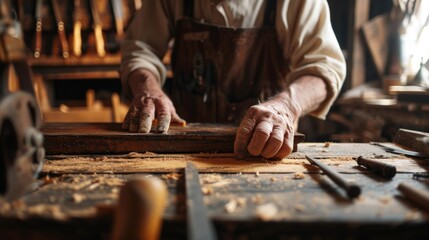 Canvas Print - A man wearing a hat is skillfully crafting a piece of hardwood in his workshop, creating a beautiful art piece. AIG41