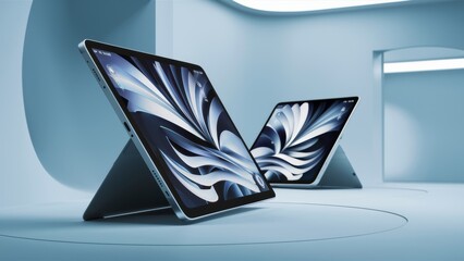 Two tablets are sitting on a table in an empty room, AI