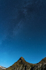 blue night sky with stars. mountain range in summer. photos without noise