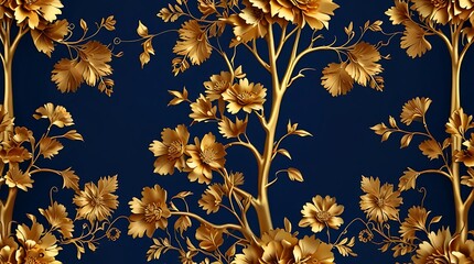 Wall Mural -  dark blue background with a pattern of gold branches and blue and gold flowers