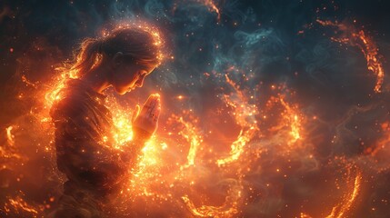 An illustration of hands in prayer surrounded by a glowing light.