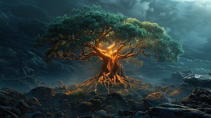 Wall Mural - A conceptual image of a tree with roots and branches forming a religious symbol.