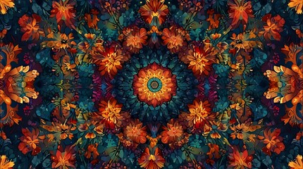 kaleidoscope with shades of blue, green, orange and purple.