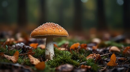 Wall Mural -  large brown mushroom with a white stem is growing in a dark, damp forest.