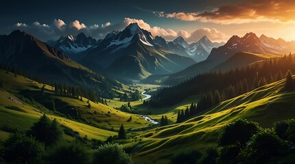 Wall Mural - shows a valley in the mountains.