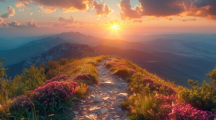 Wall Mural - An image of a mountain path leading to a glowing horizon.