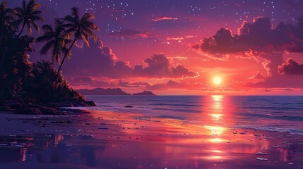 Wall Mural - A vibrant illustration of a tranquil beach with a radiant sunset.