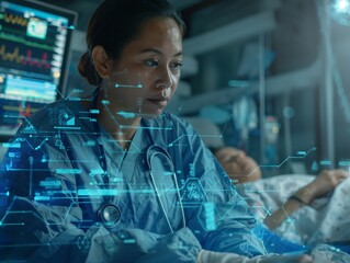 Wall Mural - A focused medical professional in scrubs examines digital data overlays in a hospital setting, with a patient in the background.