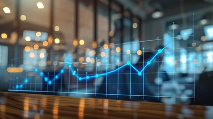 Poster - A business graph showing a significant upward trend, with a blurred office setting in the background.