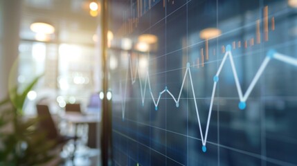 Poster - A business graph showing a significant upward trend, with a blurred office setting in the background.