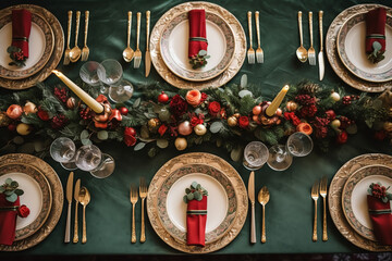 Wall Mural - Christmas table scape, elegant formal dinner table setting, tablescape with holiday decoration for party event celebration, post-processed, generative ai