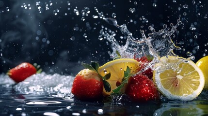 Wall Mural - Vibrant slices of lemon and strawberries in mid-air with water splash isolated on white background