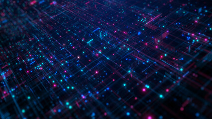 Wall Mural - abstract digital grid featuring glowing blue and pink data points, representing advanced technology 
