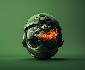 Futuristic military helmet reflecting the fiery destruction of modern war on a war-torn earth with a green background