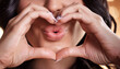 © Alberto Masnovo - Extreme close-up of hands in the shape of a heart and a mouth of a woman blowing a kiss with her lips. Generative Ai.