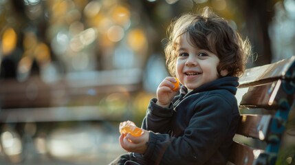 A child sitting on a bench, happily unwrapping a piece of candy and savoring its sweet taste with a contented smile.