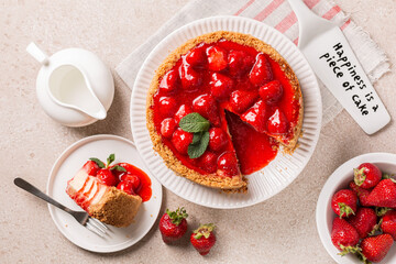 Sticker - Top view of classic baked Cheesecake  with a strawberry topping sauce. Cake server where is written Happiness is the piece of cake.