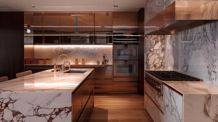 Wall Mural - A sleek modern kitchen with marble countertops and rose gold accents