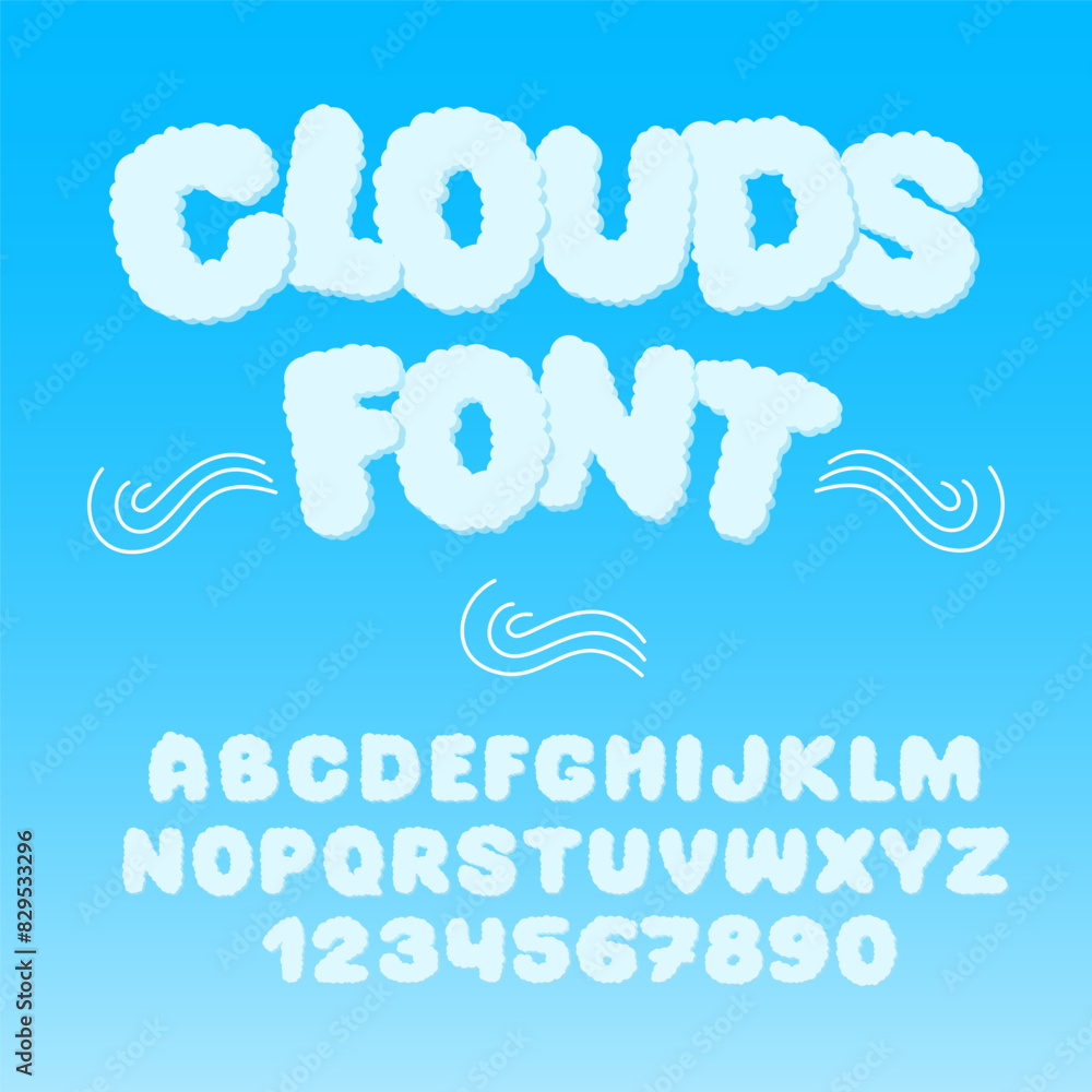 Clouds Fluffy Font. Cloudy Sky Alphabet. Cartoon Azure Letters and ...