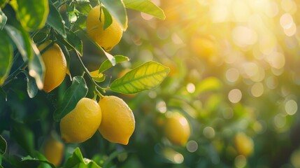 Wall Mural - Ripe lemons on a tree branch with lush green leaves bathed in sunlight in a mediterranean citrus grove