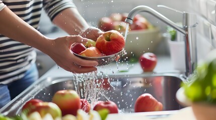 Poster - Washing fresh apples at the sink. A healthy and clean lifestyle. High-quality stock photo for blogs, articles, and advertisements. AI