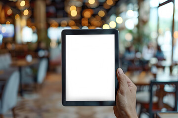A person holding a tablet showing a white screen, possibly for design or presentation purposes. Mockup template for design print