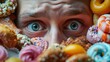 © nicole - Close-up photo of a person with a grim expression surrounded by sugary treats and fatty foods, dangers of dietary addiction. the conflict and concern associated with unhealthy eating habits
