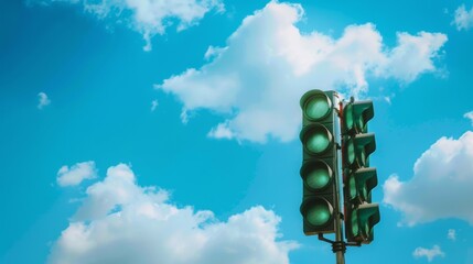 Poster - A close-up of a green traffic light with a clear blue sky and fluffy clouds in the background.