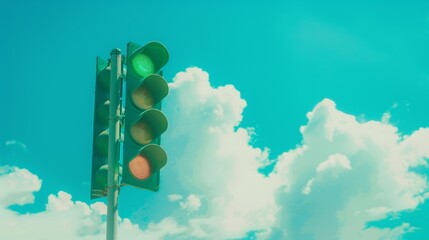 Poster - A close-up of a green traffic light with a clear blue sky and fluffy clouds in the background.
