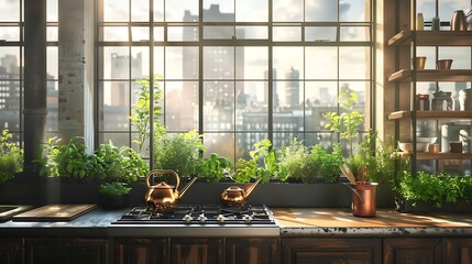 Wall Mural - A sunlit open kitchen with floor-to-ceiling windows, showcasing a lush herb garden on the windowsill and a vintage copper kettle on the stove