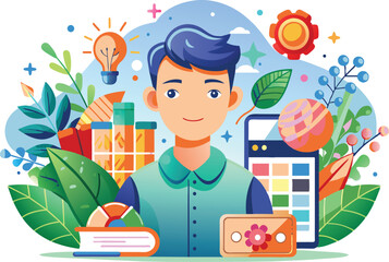 Wall Mural - A Creative Designer is sitting at a desk, flat illustration, vector illustration.