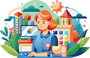 Wall Mural - A female creative designer is sitting at a desk, flat illustration, vector illustration.