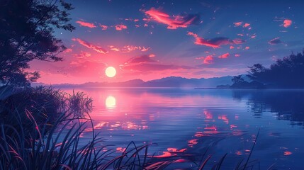 Poster - A digital illustration of a tranquil lake with a glowing reflection.