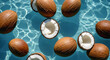 © CreativeMania - Coconuts floating in blue swimming pool water. Tropical summer vacation. Pool water texture background with coconuts