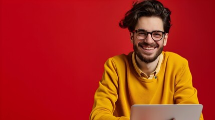 Joyful Young Novelist Crafting a Colorful Story on Laptop