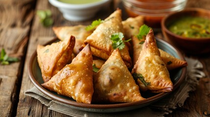 Wall Mural - A close-up of a plate of samosas with tamarind and mint chutneys on the side, served on a rustic wooden table.