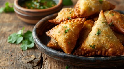 A close-up of a plate of samosas with tamarind and mint chutneys on the side, served on a rustic wooden table.