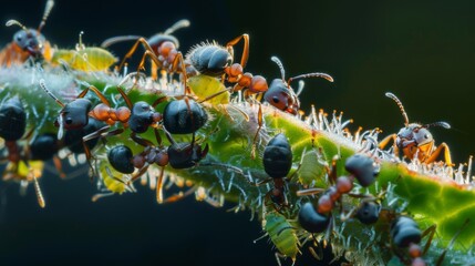 A close-up of ants interacting with aphids on a plant, highlighting the symbiotic relationship between the two species.