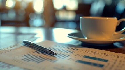 Aufkleber - A close-up of financial documents and charts on a desk, with a cup of coffee and a pen in the background.